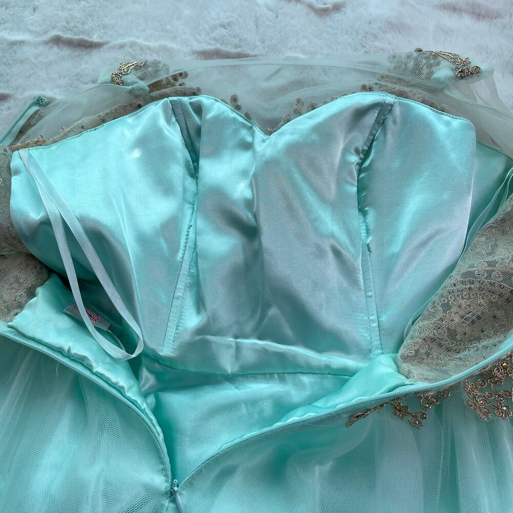 🔥Let’s Aqua Mesh Illusion Neck Gold Lace Appliqué Tulle Party Babydoll Dress - Picture 11 of 16